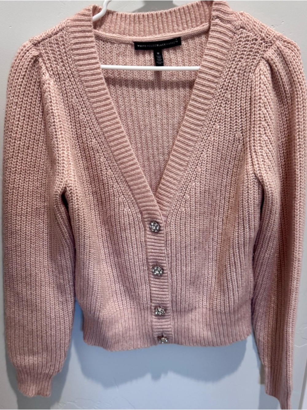 White House Black Market Blush Pink V-Neck Rhinestone Button Cardigan